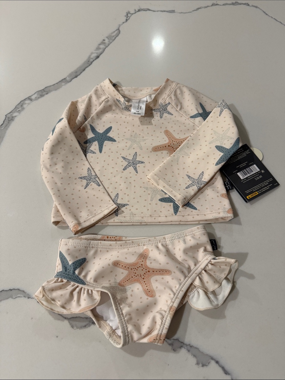Toddler Long Sleeve Rash Guard Set with Starfish Print - Cream & Blue